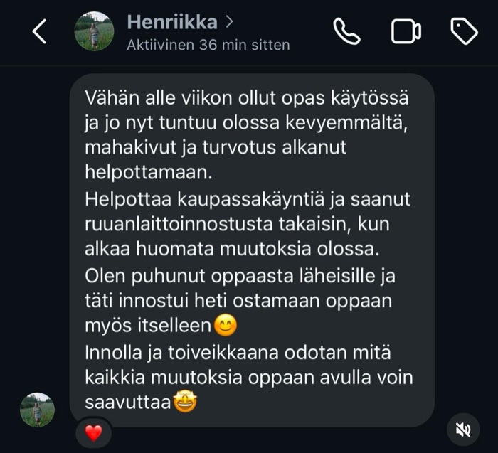 Henriikan palaute: mahakivut ja turvotus helpottivat alle viikossa