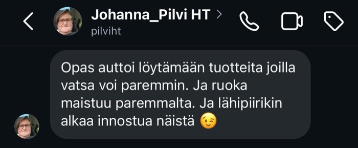 Johannan palaute: opas auttoi löytämään tuotteita joilla vatsa voi paremmin