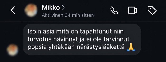 Mikon palaute: turvotus hävinnyt