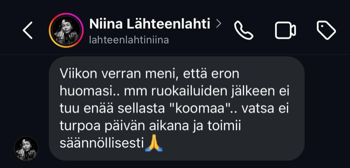 Niina Lähteenlahden palaute: ruokailujen jälkeen ei tule enää koomaa