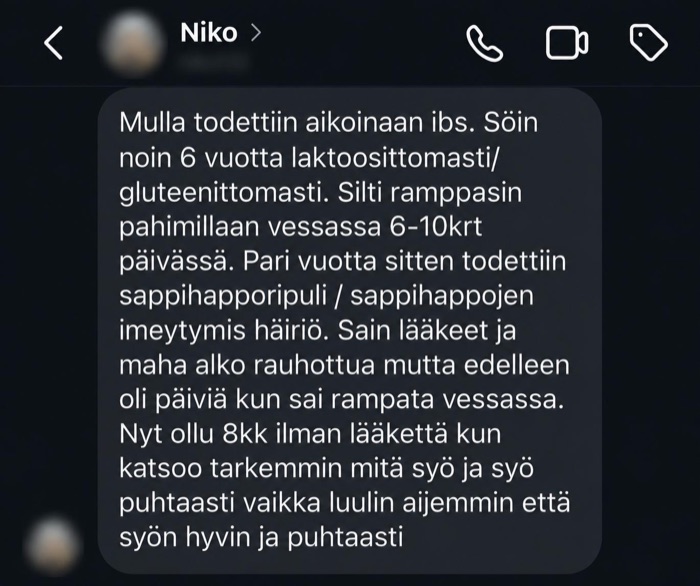 Nikon palaute: vessareissut vähenivät kun alkoi katsoa tarkemmin mitä syö
