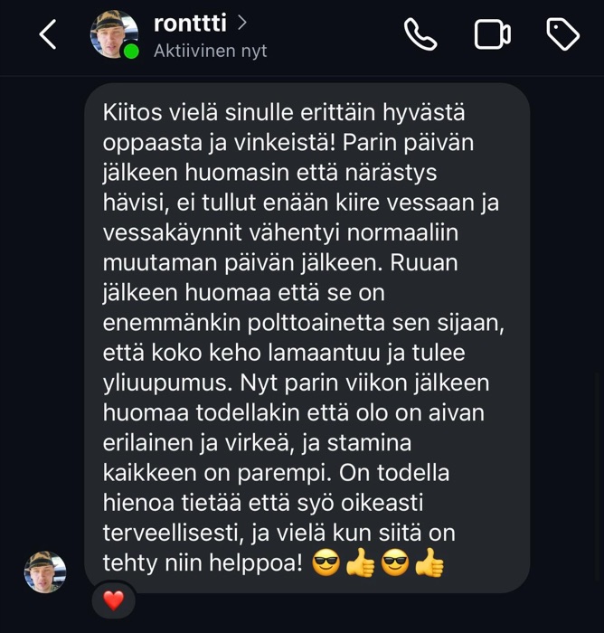 ronttin palaute: närästys hävisi ja stamina parani