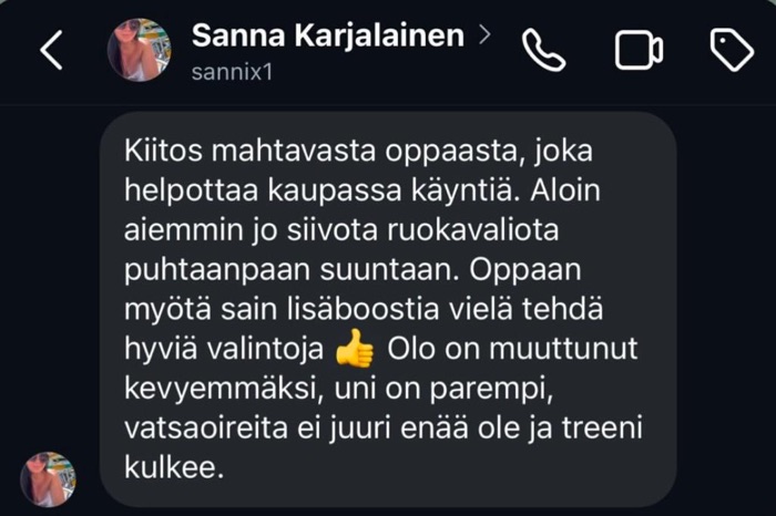 Sanna Karjalaisen palaute: kevyempi olo, parempi uni, treeni kulkee