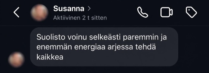 Susannan palaute: suolisto voi paremmin ja energiaa riittää arjessa