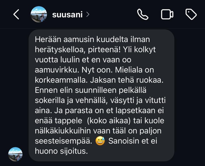 suusanin palaute: herää aamuisin pirteänä ilman herätyskelloa