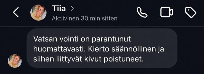 Tiian palaute: vatsan vointi parantunut huomattavasti