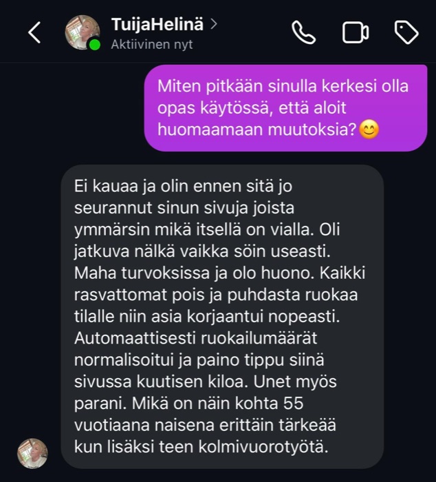 TuijaHelinän palaute: jatkuva nälkä ja turvotus poistuivat, unet paranivat